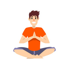 Man sitting in salutation lotus pose, young man practicing yoga vector Illustration on a white background