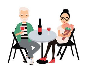 Pair of man and woman dressed in elegant clothing sitting at table and drinking red wine. Couple on romantic date or meeting. Lovers at restaurant. Cartoon colorful vector illustration in flat style.