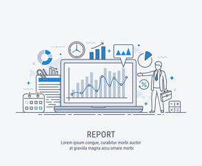 A manager reporting marketing the show graphs, on laptop display. Reporting concept. Vector modern thin line illustration.