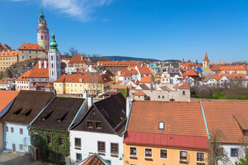 Obraz premium Panorama of the old Town of Cesky Krumlov in South Bohemia, Czech Republic with blue sky. UNESCO World heritage Site and famous place for tourism
