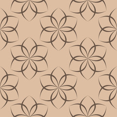 Brown floral ornament on beige background. Seamless pattern
