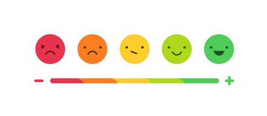 Feedback or rating scale with smiles representing various emotions arranged into horizontal row. Customer's review and evaluation of service or good. Colorful vector illustration in flat style.