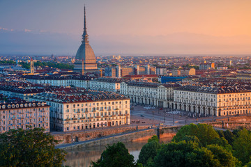 Fototapeta na wymiar Turin. Aerial cityscape image of Turin, Italy during summer sunrise.
