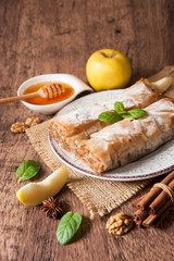 Traditional puff pastry strudel with apple