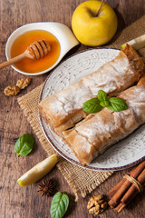Traditional puff pastry strudel with apple
