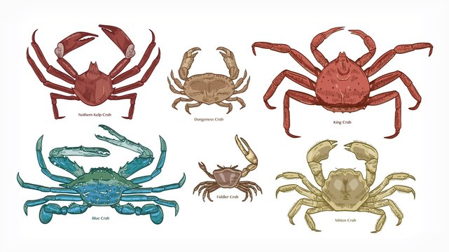 Bundle of colorful drawings of different types of crabs. Collection of beautiful marine animals or ocean crustaceans hand drawn on white background. Elegant vector illustration in vintage style.