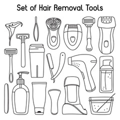 Big hand-drawn set of hair removal, laser depilation, epilation, shaving, waxing and sugaring tools, tweezers and toiletries, line art, vector illustration isolated on white background