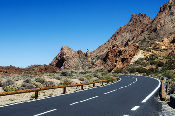 Sharp turn of the mountain road. Teide National Park, Tenerife, Canary Islands, Spain.