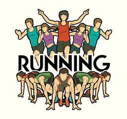 Group of people running with text running Marathon runners graphic vector  
