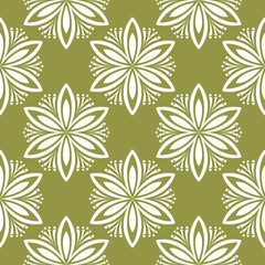 White floral seamless design on olive green background