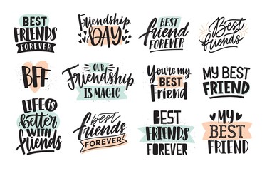Collection of creative Thank You lettering or inscriptions written with decorative calligraphic font. Bundle of gratitude phrase decorated with cute elements. Hand drawn vector illustration.