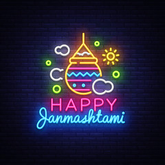 Happy Janmashtami greeting card neon vector design template. Neon sign, modern trend design for Indian festival. Dahi handi is Janmashtami celebrating. Template for flyer, banner, postcard. Vector