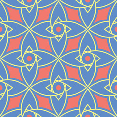 Geometric seamless pattern. Blue background with red and yellow design