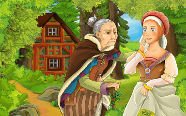 cartoon scene with happy young girl and older woman talking near the old wooden house in the forest-  illustration for children
