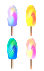 Set of foil ice on stick. Ice cream with a blurry multicolored background. Objects separate from the background. Vector element for your creativity.