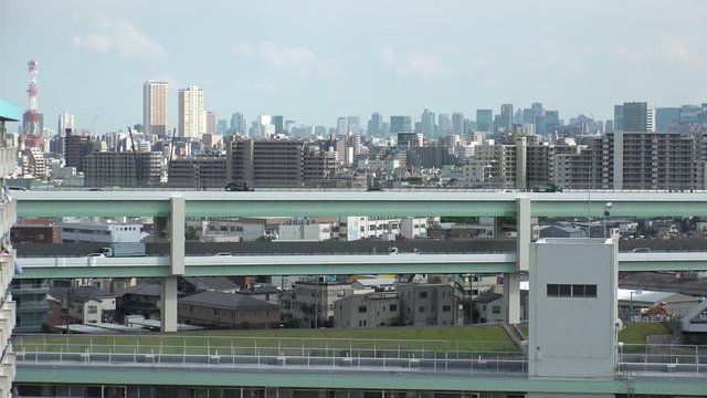 OJI,  TOKYO,  JAPAN - CIRCA JUNE 2018 : Cityscape of ARAKAWA WARD area and HIGHWAY.  View from RESIDENTIAL AREA in Oji.