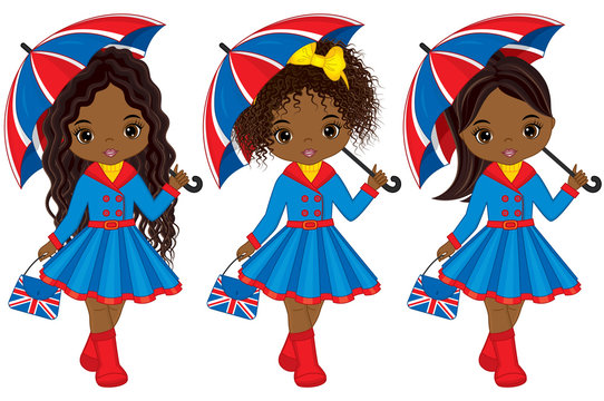 Vector Girls Holding Umbrellas and Handbags with British Flag Print