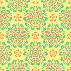 Fototapeta premium Floral seamless pattern. Bright colored background with pink and green flower elements