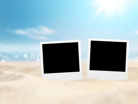 Photo card on sand beach in summer day