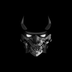 Mask of a samurai with horns and glowing eyes on a black background