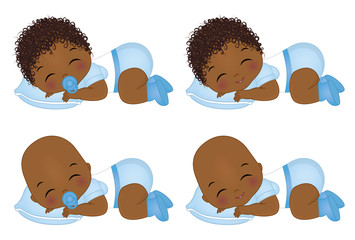 Vector Cute African American baby Boys Sleeping. Vector Baby Boy Shower
