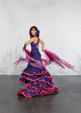 Flamenco dancer in action with the typical Spanish dance costume.