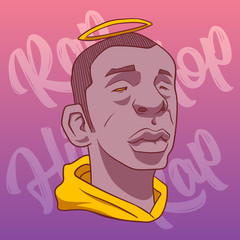Black man with a halo on a pink background and hip-hop and rap inscriptions