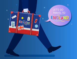 Concept of travel or studying English. English flag with landmarks in suitcase. Flat design, vector illustration