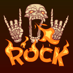 A skull with fangs extends a fiery inscription of rock