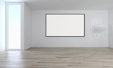 Modern bright interiors empty room with mockup poster frame 3D rendering illustration