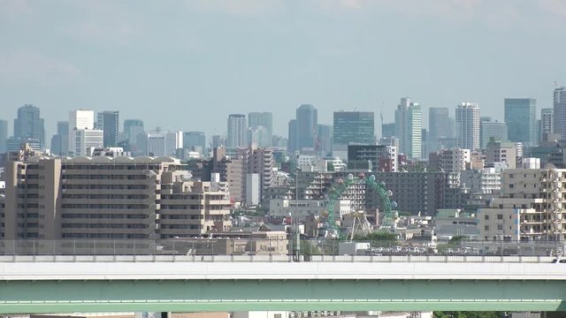 OJI,  TOKYO,  JAPAN - CIRCA JUNE 2018 : Cityscape of ARAKAWA WARD area and HIGHWAY.  View from RESIDENTIAL AREA in Oji.