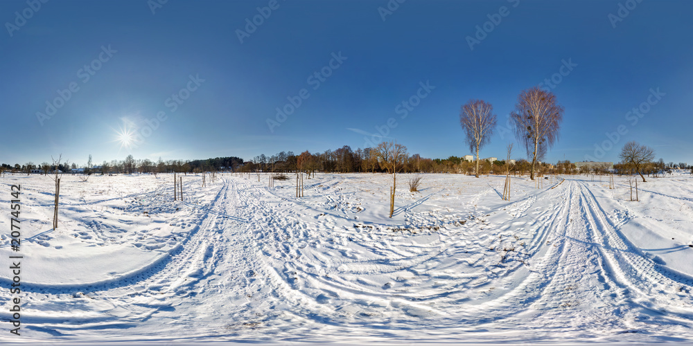 Wall mural full seamless spherical panorama 360 by 180 degrees angle view on the snow covered field in sunny wi