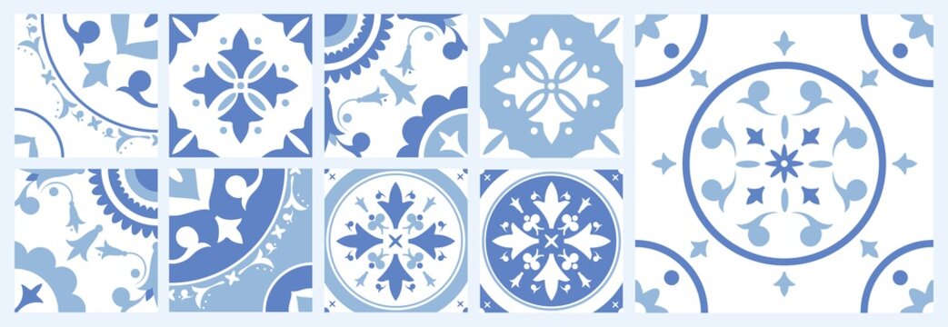 Bundle of ceramic square tiles with various traditional oriental patterns. Set of mediterranean decorative ornaments in blue and white colors. Vector illustration in vintage Azulejo or Moroccan style.
