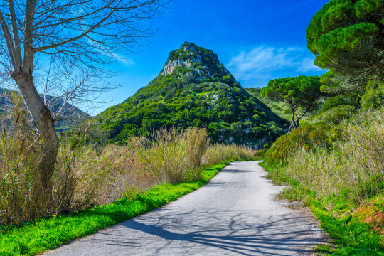 The trail, the pedestrian, in the valley of the Alcabrichel River and cane thickets along a banks, surrounded by evergreen trees on steep hills. Beautiful landscape near Vimeiro in Portugal.