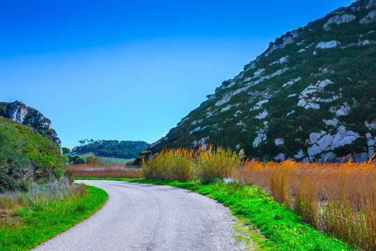 The trail, the pedestrian, in the valley of the Alcabrichel River and cane thickets along a banks, surrounded by evergreen trees on steep hills. Beautiful landscape near Vimeiro in Portugal.