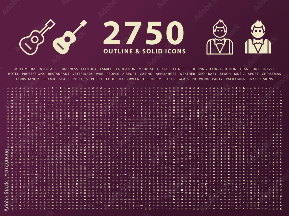 Wall mural set of 2750 outline and solid icons on dark background . vector isolated elements