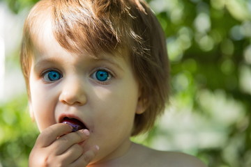 Sweet Girl Eats Cherry in the Garden. Blurred face of a little girl of sweet cherries. Portrait of a cute little girl. Summer fruits. Natural Vitamins
