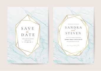 Luxury wedding invitation cards with gold marble texture and geometric pattern vector design template