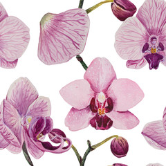 A seamless pattern is made in watercolor in good resolution. The composition consists of the inflorescence of phalaenopsis orchids.