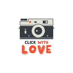 Retro Camera T-Shirt. Vintage hand drawn photography tee with Click with Love words. Distressed silhouette photographer print design. Stock isolated on white background