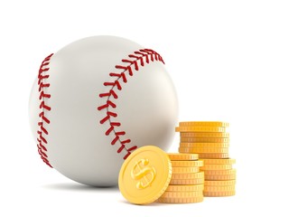Baseball ball with stack of coins