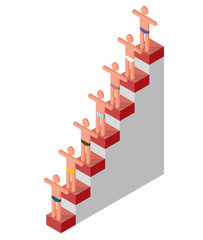 Stylized human figures on podium. Business graph, financial or personality progress, success. Vector cube shape evoking ascending staircase. Isolated illustration, isometric exploration icon symbol