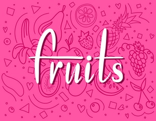 love fruits lettering illustration board with different doodle fruits in pink colors