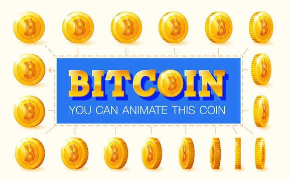 Set of golden coins with bitcoin sign for animation. vector illustration