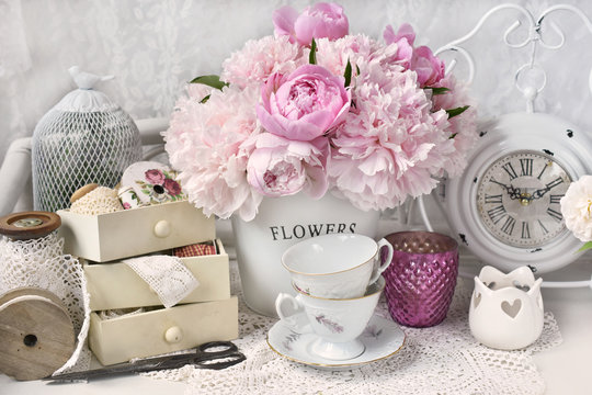 Fototapeta bunch of peony in shabby chic style interior