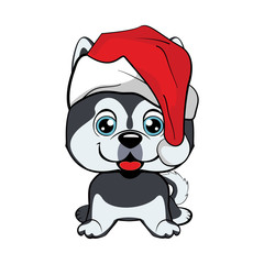 Red-haired happy dog in a red jacket with a white collar and with red hat with a white pompon on a white background.