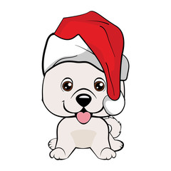 Red-haired happy dog in a red jacket with a white collar and with red hat with a white pompon on a white background.