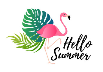 Hello summer - tropical leaves and flamingo background.