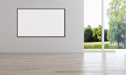 Modern bright interiors empty room with mockup poster frame 3D rendering illustration