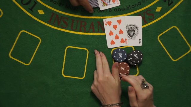 Blackjack Win, Player Bet Chips All In, Dealer Cards, Winner Clapping Hands, Top View